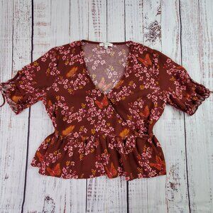 Madewell Wrap Top Women 8 Burgundy Floral Butterfly Sanctuary Tie Sleeve Peplum